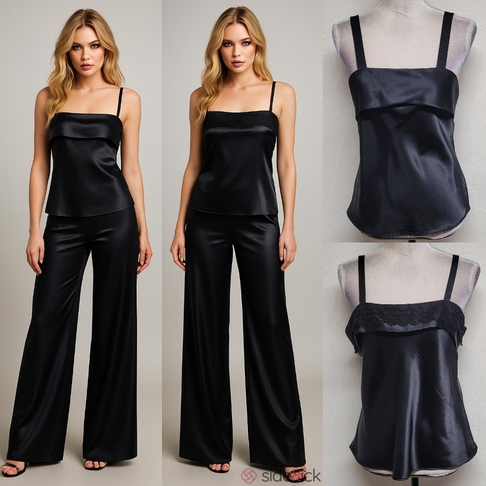 Two Escapades Vintage 70s Black Satin Solid Lace Fold-over Detail Camisole S-M